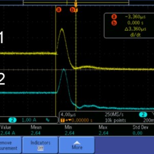 1=VCS5 Isolated Hall Effect Current Sensor 2=Tektronix TCP 312 probe w/TCPA300 Amplifier The graph shows comparable performance between the VCS and Tektronix probe in measuring current output. Test conditions: Ten LEDs in series are powered to 1A. Five of the LEDs are intentionally shorted. The SpikeSafe™ Current Source shuts down in 4µs.