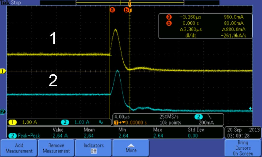 1=VCS5 Isolated Hall Effect Current Sensor 2=Tektronix TCP 312 probe w/TCPA300 Amplifier The graph shows comparable performance between the VCS and Tektronix probe in measuring current output. Test conditions: Ten LEDs in series are powered to 1A. Five of the LEDs are intentionally shorted. The SpikeSafe™ Current Source shuts down in 4µs.