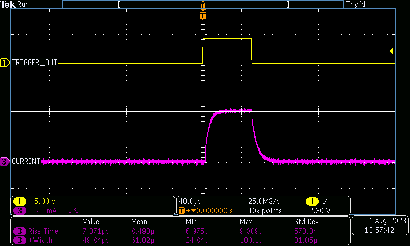 Vektrex 50mA SMU LED load 10mA 50V 50us pulse